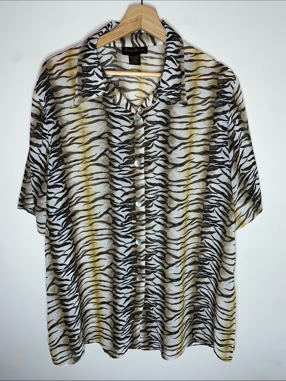 Ashley Stewart Y2K Zebra-Print Button Front Blouse in Black, Yellow & Brown